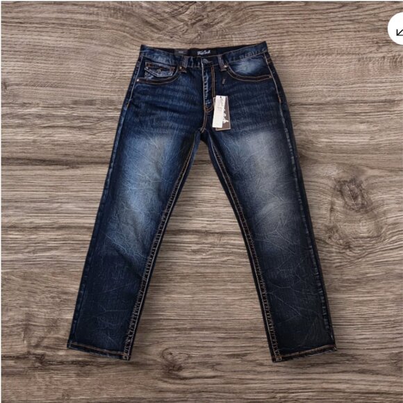 True Luck Jeans men's Stretch Straight 3 Flap Pockets blue 34x30 Embroidered - Picture 1 of 14